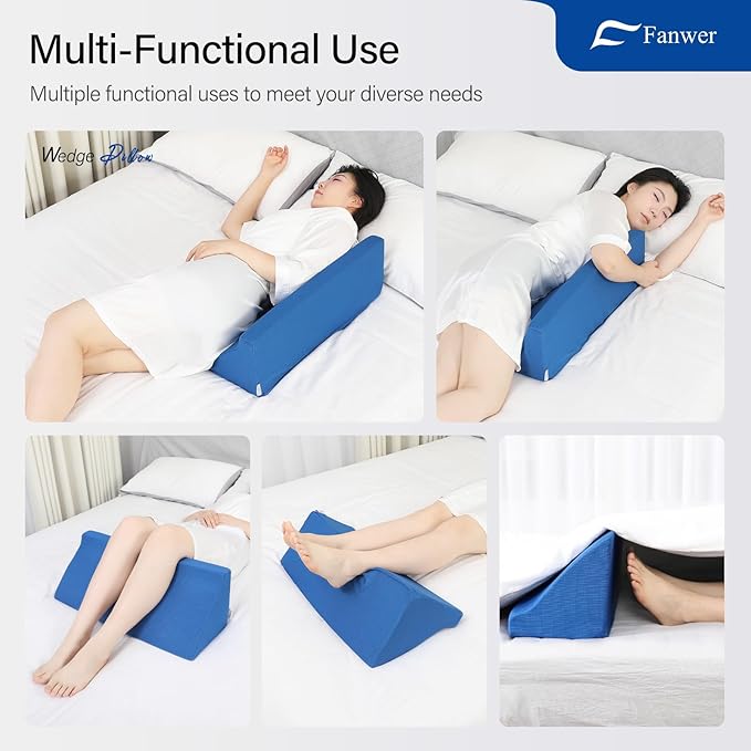 Fanwer Bed Wedge Pillow for Sleeping Body Position Wedges Back Positioning Elevation Pillows Blue Pray Case Pregnancy Bedroom Eevated Body Alignment Ankle Support Pillow Leg Bolster