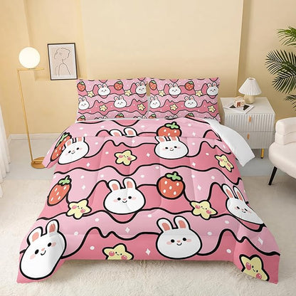 QOOMO Kawaii Rabbit Comforter,Strawberry Rabbit Comforter Set for Kids Teens Girls,3Pcs Bedding Set Printed Comforter with 2 Pillowcases,Down Alternative,Soft and Lightweight(Pink，King Size)