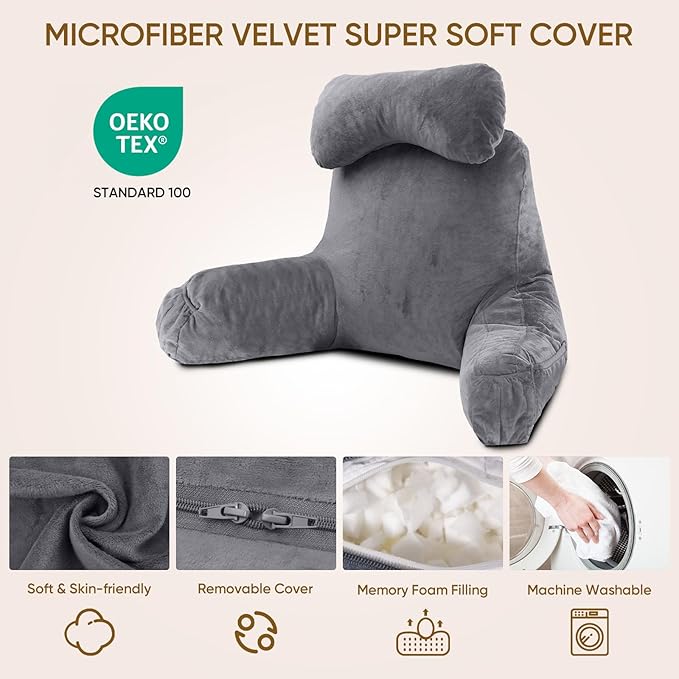 Reading Pillow for Sitting in Bed Adult, Bed Pillow with Shredded Memory Foam, 25''H Pillow with Detachable Neck Roll, Washable Cover, Back Pillow Sitting Up with Extend Arms, Gery