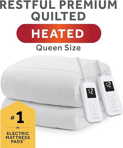 Sunbeam Premium Quilted Electric Heated Mattress Pad, 60" x 80", 12 Heat Settings, 12-Hour Auto Shut-Off, Machine Washable, Extra-Soft, White
