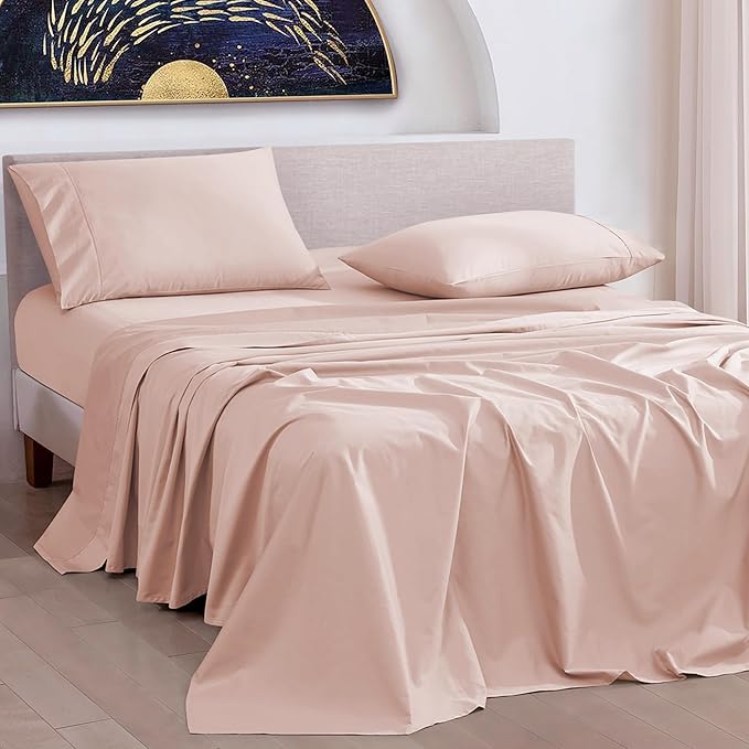 URBANHUT Queen Size Sheets 100% Pure Cotton, 1000 Thread Count 4 Pc Bed Sheet Sets, Soft & Breathable, Luxury Hotel Sheets Fits 16" Elasticized Deep Pocket, Sateen Weave, Solid - Blush Pink