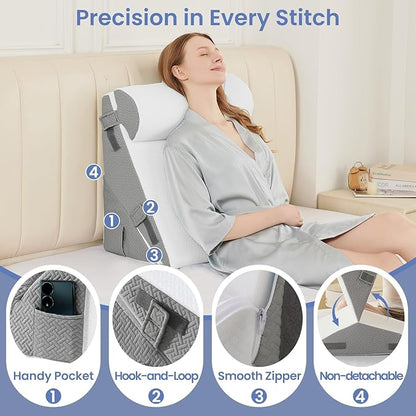 Sasttie Wedge Pillow Set for After Surgery, 2PCS Adjustable Bed Wedge Pillow Headboard with Memory Foam Neck Cushion – for Acid Reflux, Sleeping, Neck & Back Support, Dark Grey & White