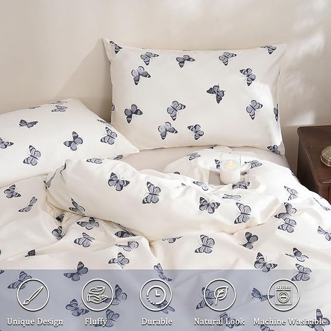 Butterfly Duvet Cover Set King Size 100% Cotton Duvet Cover 3 Pcs Cute Butterfly Printed Comforter Cover with Zipper Closure Soft and Lightweight Cotton Duvet Cover