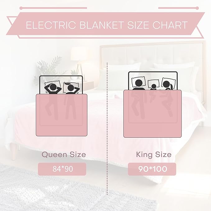 Electric Heated Blanket Queen Size 84"x90" - Coral Fleece & Sherpa Fabric Dual-Sided, 4 Heat Settings & 10 Hours Auto Off, Soft Warming Throw for Home, Office, or Bed, Machine Washable, Light Pink