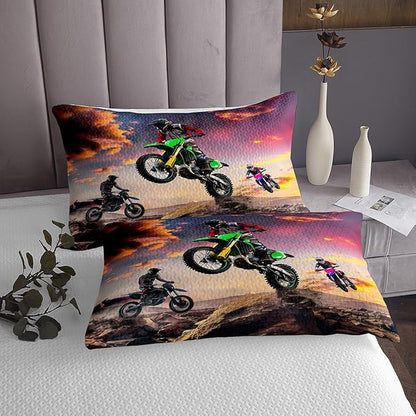 Motorbike Bedspread Quilt Set Queen Size, Boys Motocross Rider Coverlet, Teens Racing Motorcycle Dirt Bike Bedspread Kids Child, Vehicles Extreme Sport Quilted, Kids Car Theme Room Decor