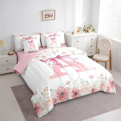 Erosebridal Initial Letter A Beding Sets for Kids Girls Teen Queen, Pink Bow Tie Bowknot Bed in A Bag, Spring Fresh Style Comforter Set with Sheets Soft Breathable Microfiber Bed Set Bedroom Decor