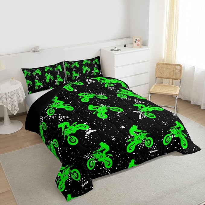 Feelyou Boys Dirt Bike Bedding Set - Cool Sports Comforter Set for Kids Motocross Rider - Fluorescent Green Bike Quilt & 2 Pillowcases - King Size