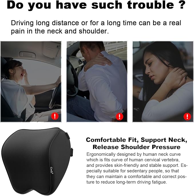 Crofy 2-Pack Car Neck Pillow, Softness Car Headrest Pillow for Driving with Adjustable Strap, 100% Memory Foam and Breathable Removable Cover, Comfortable Ergonomic Design, 4.7 Inches Thick
