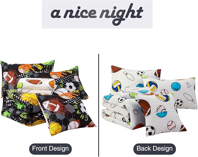 A Nice Night 6Pcs Bed in A Bag Full Sports Microfiber Comforter Set,Black Rugby Ball Basketball Printed Bedding Collections,for Boys Kids Teen