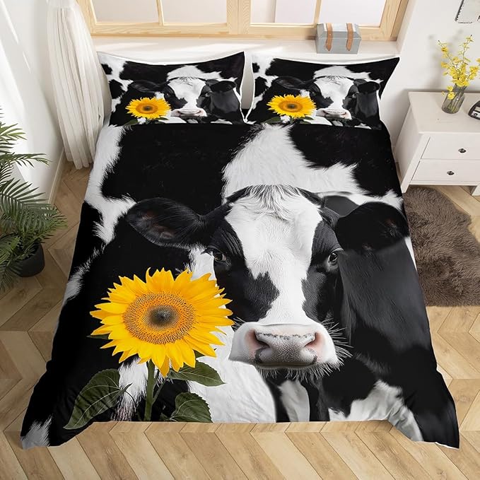 Castle Fairy Milk Cows Duvet Cover Queen for Kids Boys,Sunflower Farmhouse Animal Bedding Set with 2 Pillowcases Comforter Cover,Black White Fur Print Bedspread Quilt Cover 3 Pcs, Soft, Zipper