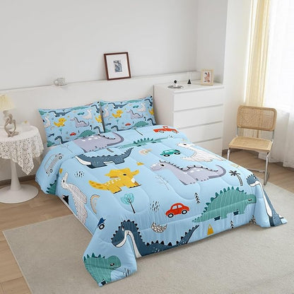 Castle Fairy Cute Car Kids Comforter Set Queen Size,Kawaii Dino Colorful Wild Animal Bedding Set for Women Adult,Cartoon Dinosaur Rainbow Sketch Blue Luxury Bed Duvet Insert, 2 Pillowcases