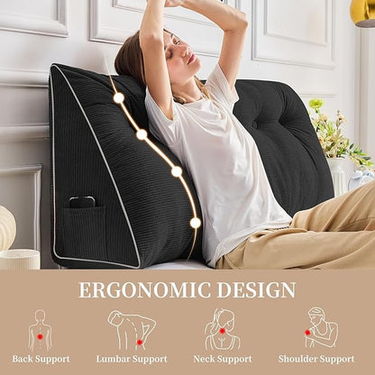 Sasttie Headboard Pillow Queen, Wedge Pillow Headboard for Sitting Up in Bed, Back-Rest Support Triangular Cushion for Reading - Features Removable Washable Cover, Black