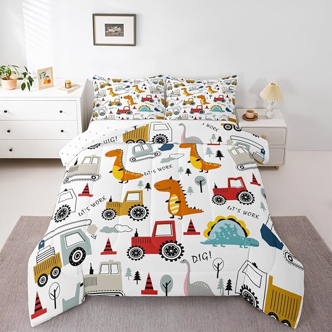 Feelyou Construction Comforter Set Kids Cartoon Dinosaur Comforter Cover Set for Boys Equipment Trucks Bedding Set Construction Vehicles Kawaii Jungle Dino Duvet Set Room Decor Quilt Set King Size