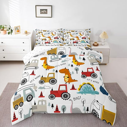 Feelyou Construction Comforter Set Kids Cartoon Dinosaur Comforter Cover Set for Boys Equipment Trucks Bedding Set Construction Vehicles Kawaii Jungle Dino Duvet Set Room Decor Quilt Set King Size