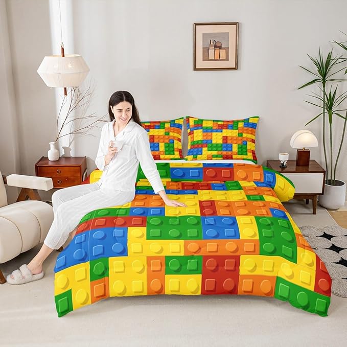 Feelyou Games Comforter Set Full Size Building Blocks Bedding Set for Kids Boys Girls Colorful Geometric Toy Brick Comforter Inner Fill Toddler Gaming Bedroom Nursery Quilt Duvet Set with 2 Pillowcase