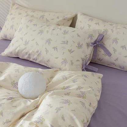 AOJIM Purple Floral Bedding Duvet Cover Full Size, Soft Cotton Comforter Cover Set 3pcs for Kids Adults, 1 Skin-friendly Duvet Cover 80x90'' with Zipper Closure and 2 Pillowcases with Bowknot,No Quilt