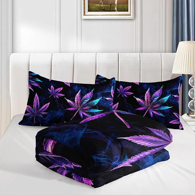 Marijuana Leaf Themed Comforter 3Pcs Full Tie Dye Weed Leaves Herb Botanical Bedding Set for Kid Teen Girl Boy Adult Room Decor Fog Cannabis Leaves Quilt with 1 Comforter and 2 Pillowcases