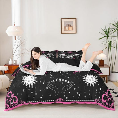 Bat Duvet Cover Set Twin Size Sun Moon Starry Galaxy Bedding Set Gothic Style Wild Animals Comforter Cover for Kids Boys Girls Teens Bedroom Decor Pink Floral Exotic Black White Quilt Cover 2Pcs