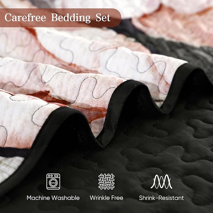 Drucon Floral Quilt Queen Size - 3 Pieces Black Quilt Botanical Bedspread Soft Lightweight Flower Bedding Set for All Season (96"x90")