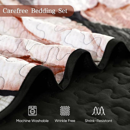 Drucon Floral Quilt King Size - 3 Pieces Black Quilt Botanical Bedspread Soft Lightweight Flower Bedding Set for All Season (104"x90")