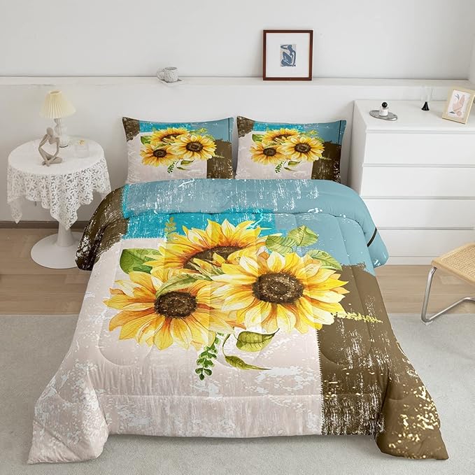 Feelyou Abstract Comforter Sunflowers Yellow Flroral Comforter Set for Boys Girls Children Grey Blue Brown Modern Abstract Art Bedding Set Room Decor King Size Duvet Set 3Pcs