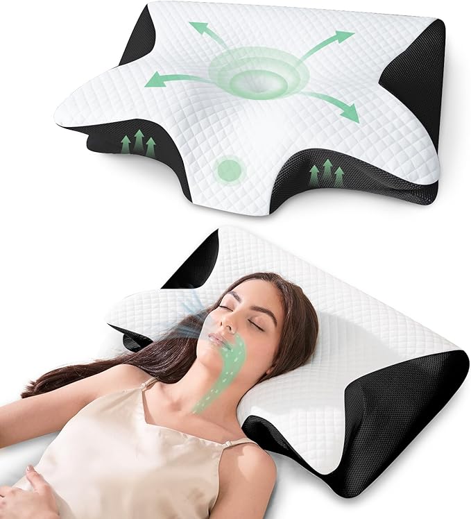 Memory Foam Cervical Pillow, 2-in-1 Ergonomic Neck Support Pillow with Armrest & Ear Hole, Contour Orthopedic Bed Pillow for Pain Relief, Adjustable Height for Side, Back & Stomach Sleepers