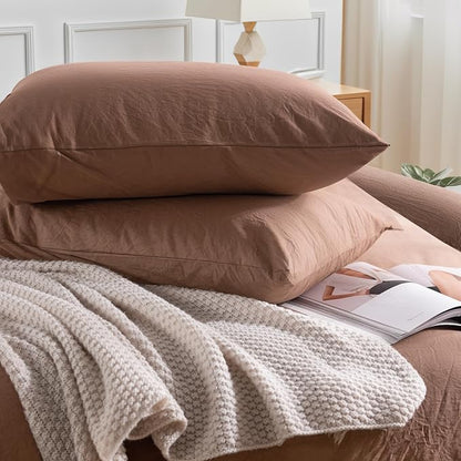 NEXHOME PRO Duvet Cover Set 100% Washed Cotton Super King 108"x98", Organic Natural Linen Look Textured 3 Pieces Bedding Set Mocha Brown with Zipper Closure, Breathable (No Comforter)