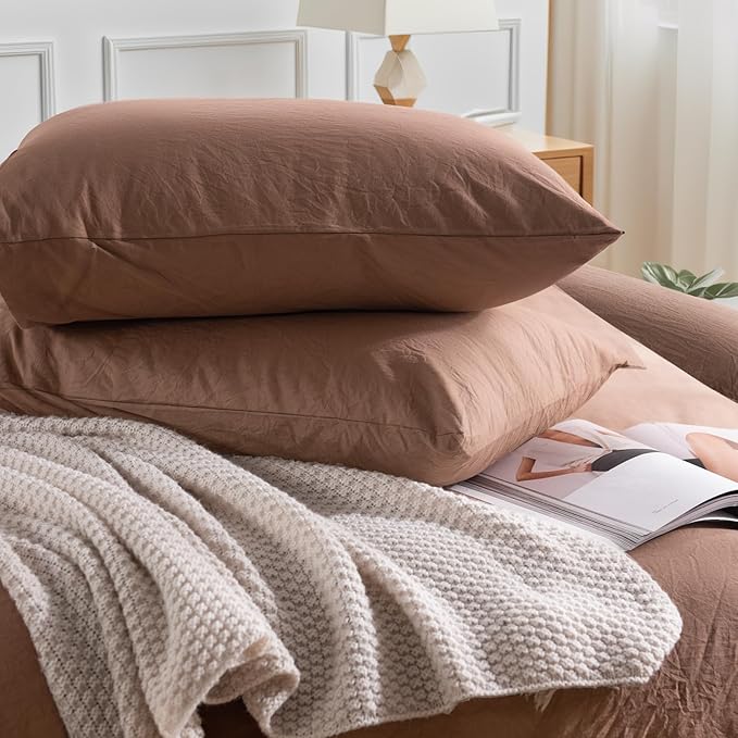 NEXHOME PRO Duvet Cover Set Kids Twin Size Linen Look Organic Natural 100% Washed Cotton Duvet Cover Mocha Brown 2 Pieces Bedding Set with Zipper Closure, Breathable (No Comforter)