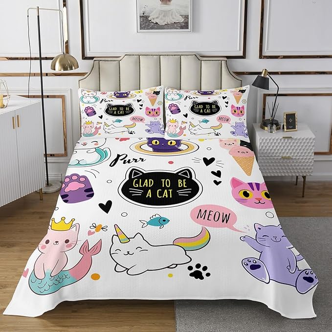 Erosebridal Mermaid Cat Bedding Set King Size, Cute Aimal Bedspread for Kids Cartoon Cat Quilt, Home Decoration 3 Pcs Coverlet Set with 2 Pillowcases