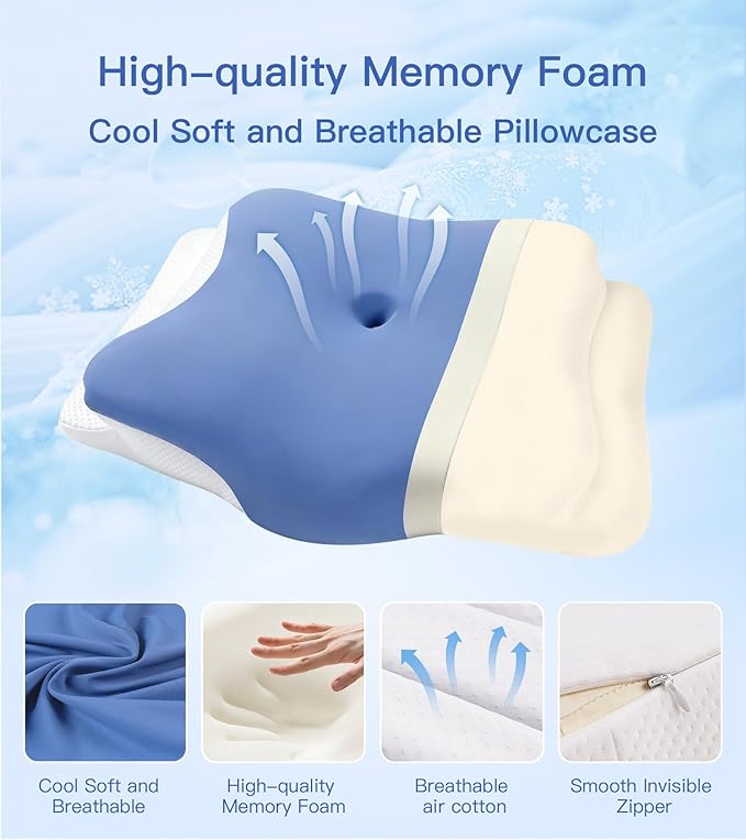 Neck Support Pillow Effectively Relieves Shoulder and Neck Pain, Ergonomic Memory Foam Pillow with Washable Ice Silk Cover, Breathable cervical Pillow for Back, Side, and Stomach Sleepers (Blue White)
