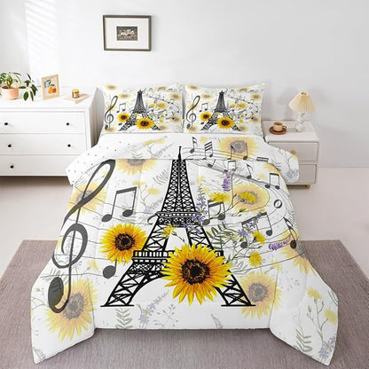 Feelyou Eiffel Tower Kids Comforter Set Cute Sunflower Bed Sheet Set for Boys Children Teens Bedroom Decor Paris Tower Bedding Set Set Floral Music Themed Bed Cover Twin Size with 1 Pillow Case