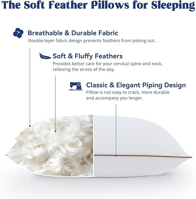 puredown® Goose Feather Down Pillows Standard Size Set of 2, Soft Fluffy Bed Pillow for Sleeping with 100% Cotton Cover, Medium Firm Luxury Hotel Collection Pillow for Back, Stomach or Side Sleeper