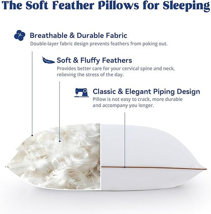 puredown® Goose Feather Down Pillows Standard Size Set of 2, Soft Fluffy Bed Pillow for Sleeping with 100% Cotton Cover, Medium Firm Luxury Hotel Collection Pillow for Back, Stomach or Side Sleeper