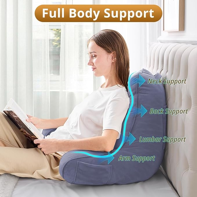 Sasttie Reading Pillow for Bed - 23 Inch, Back Pillow for Bed Sitting Up, Back-Rest Support Cushion with Side Pockets and Arms, Dorm Essentials, Oeko-Tex Certified, Grey Purple
