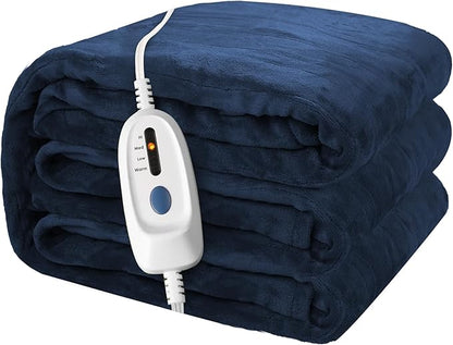 Electric Heated Blanket 62"x84" Twin Size Microplush Cover Blanket, 4 Heat Settings & 10 Hours Auto Off, Cozy & Warm for All Night, Machine Washable, Navy Blue