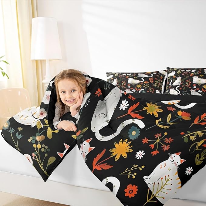 jejeloiu Cute Cat Bedding Set Soft for Boys Girls, Floral Flower Comforter Set Twin Size Nature Plants Duvet Quilt Microfiber Black Colorful Bedroom Decor 2 Pcs with 1 Pillow Cases