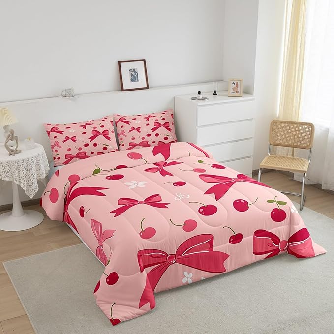 Feelyou Bow Comforter Set for Girls Boys Kids Twin Size Cheery Comforter Room Decor Cute Bedding Set Hot Pink Duvet Set