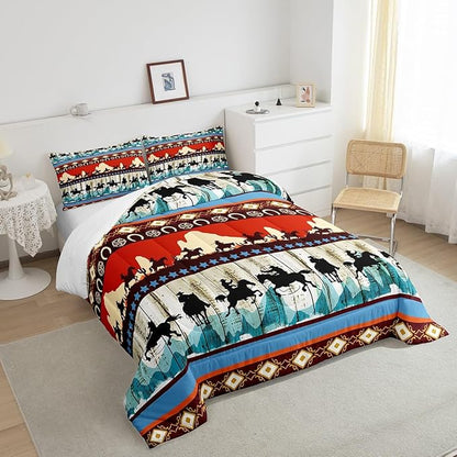 Feelyou Kids Full Aztec Red Comforter Full Size, Southwestern Cowboys Comforter Set for Boys Girls Horse Bedding Set Boho Tribal Duvet Set Microfiber Bed Set