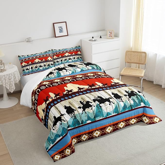 Feelyou Kids King Aztec Red Comforter King Size, Southwestern Cowboys Comforter Set for Boys Girls Horse Bedding Set Boho Tribal Duvet Set Microfiber Bed Set