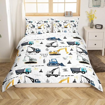 Excavator Boys Duvet Cover Set King Size Cartoon Construction Tractor Cars Bedding Set for Kids Child Teens Bedroom Watercolor Traffic Graffiti Comforter Cover Black White Vehicle Quilt Cover 3pcs