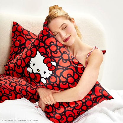 Kitsch x Hello Kitty Pillow Case – Sea of Bows Toddler Bed Time Satin Pillowcase with Zipper – Soft Cooling Pillow Cover for Hair & Skin – Better Than Silk Pillowcase – King Size 19x36