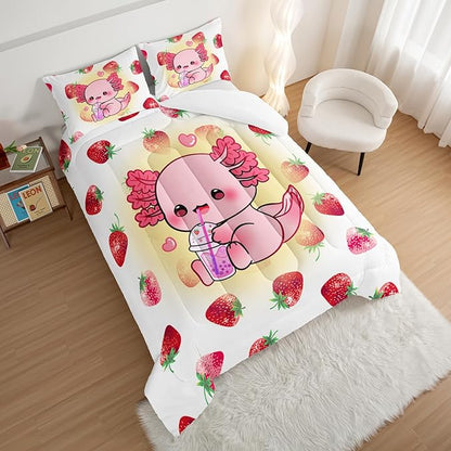 HOSIMA Pink Kawaii Axolotl Bedding Comforter Set for Kids,Cartoon Strawberry Milk Tea Print King Size Comforter Set Bedroom Decoration for Children Girl with 2 Pillowcases.