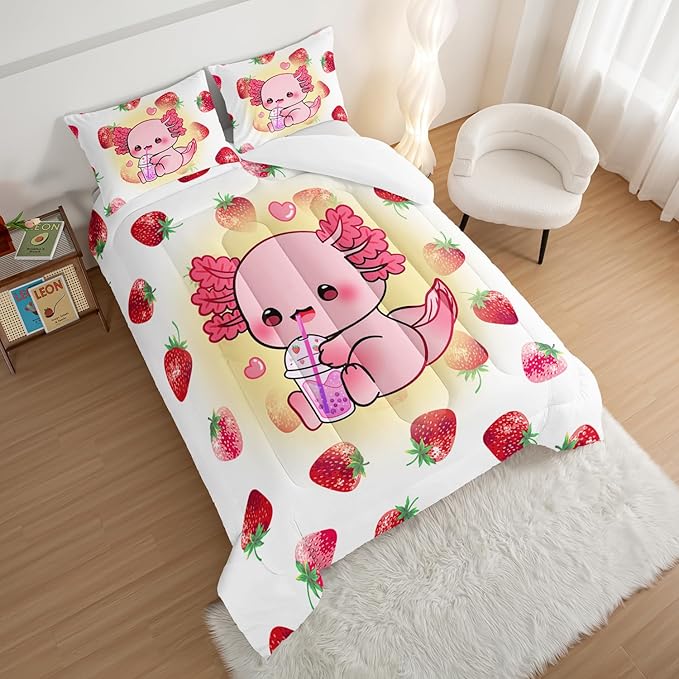 HOSIMA Pink Kawaii Axolotl Bedding Comforter Set for Kids,Cartoon Strawberry Milk Tea Print Full Size Comforter Set Bedroom Decoration for Children Girl with 2 Pillowcases.