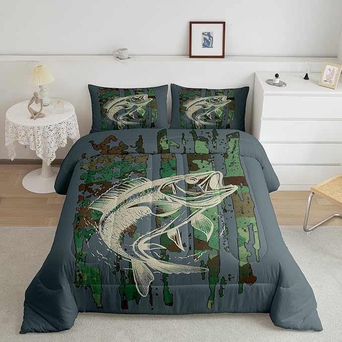 Feelyou Kids Green Camouflage Bedding Set Camo American Flag Comforter Set for Boys Girls Farmhouse Fishing Decor Comforter Wild Quilted Set Bedroom 2Pcs Toddler Size