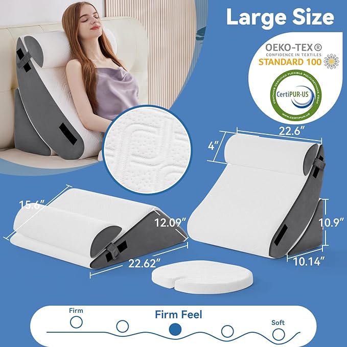 Wedge Pillow Set for After Surgery, 6 PCS Bed Wedge Pillow for Sleeping, Memory Foam Orthopedic Back Pillow for Pain Relief and Acid Reflux, Adjustable Post Surgery Pillow Grey