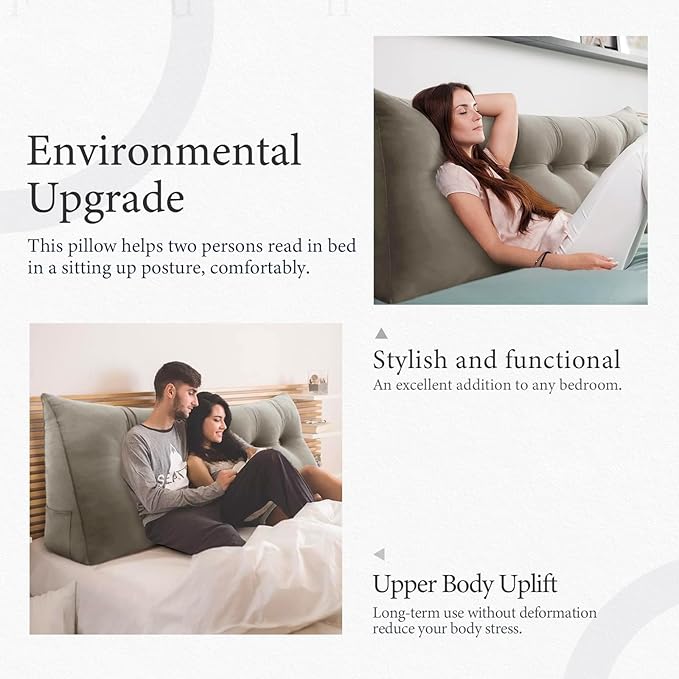 Headboard Pillow - 3 in 1 Large Bed Pillow as Wedge Reading Pillow, Large Couch Daybed Pillow or Positioning Support Backrest Back Cushion for Sitting in Bed Velvet Full Beige-Gray