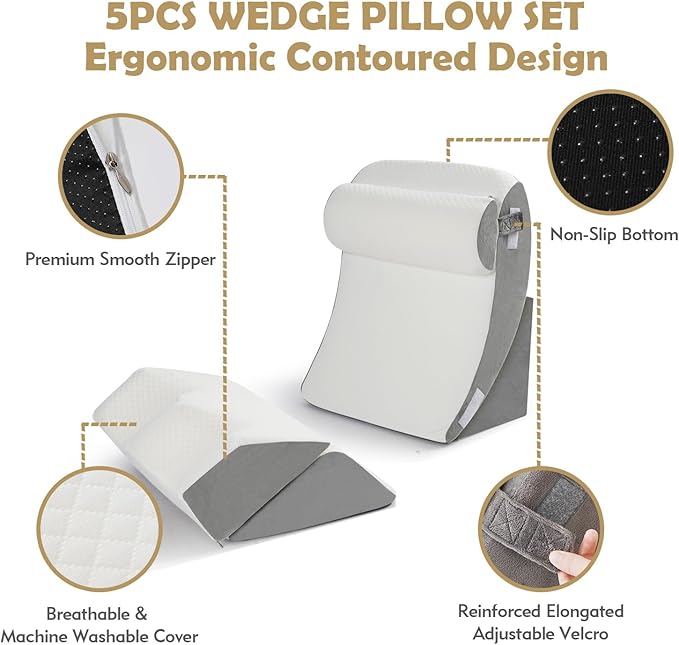 5Pcs Wedge Pillow for Sleeping, Orthopedic Bed Wedge Pillows for After Surgery, Foam Triangle Sit Up Pillow Wedge for Back, Neck, Shoulder Support, Leg Elevation, Acid Reflux, Gerd, Snoring White Grey