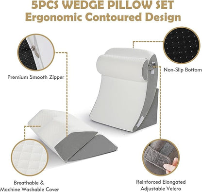 5Pcs Wedge Pillow for Sleeping, Orthopedic Bed Wedge Pillows for After Surgery, Foam Triangle Sit Up Pillow Wedge for Back, Neck, Shoulder Support, Leg Elevation, Acid Reflux, Gerd, Snoring White Grey