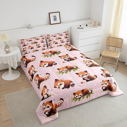 Cute Raccoon Comforter Set King Size 3 Pcs Watercolor Lovely Wild Animals Decor Bedding Comforter for Kids Girls Teens Glitter Stars Green Leaves Pink Bedroom Quilt Set with 2 Pillowcases