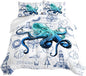 HOSIMA Octopus Bedding Sets,Nautical-Themed White Comforter Queen Size,Tentacle Sea Animals Nautical Bedding Ship Helm Anchor Print Design for Boys Girls Room Decor,Ocean Bedding Seaside Home Decor.